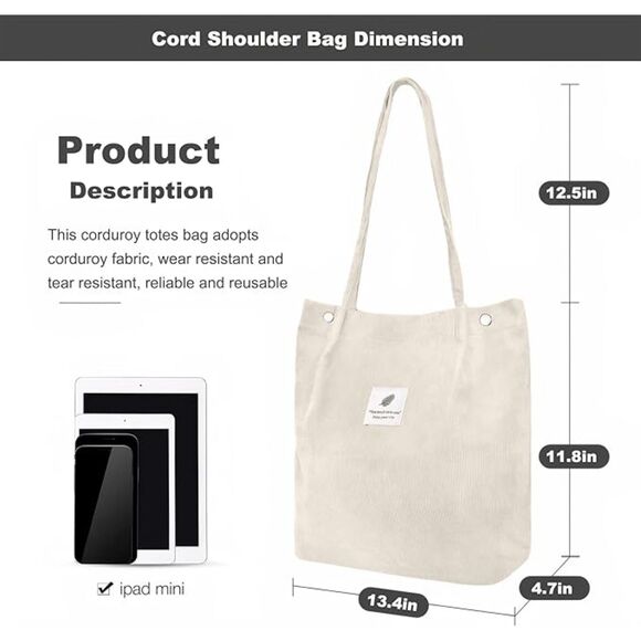 Women Beige Imported Corduroy Small Canvas Shoulder Handy Tote Bag - Picture 3 of 4